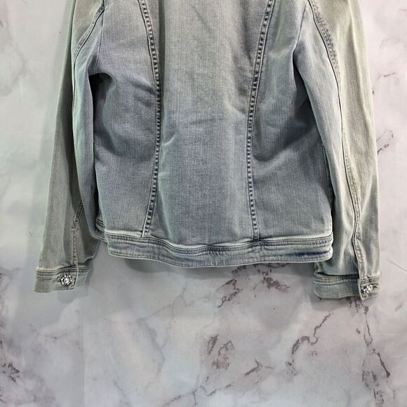 Chicos Denim Jacket Womens Small 0 Jean Faux Fur Collar Light Wash Stretch Bling - Picture 7 of 12